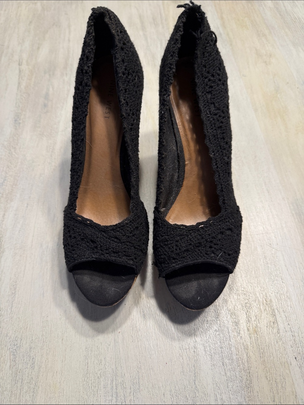 Nine West Black Crochet Peep-Toe Heels